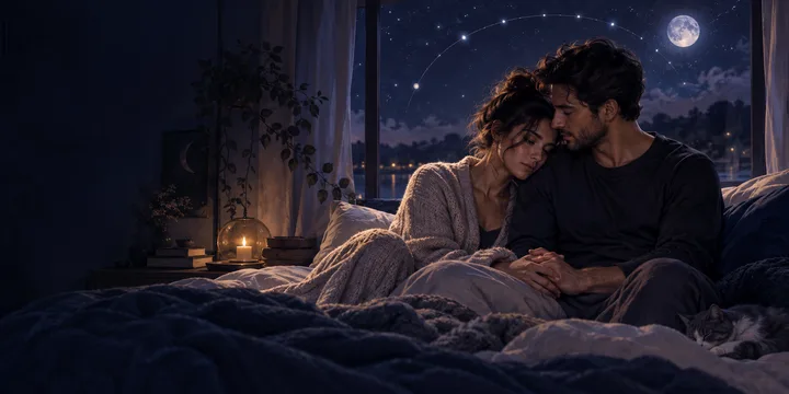 A tender couple sits close together in a moonlit indigo bedroom, holding hands beneath an abstract constellation arc that symbolizes shared intimacy during fertility treatment.