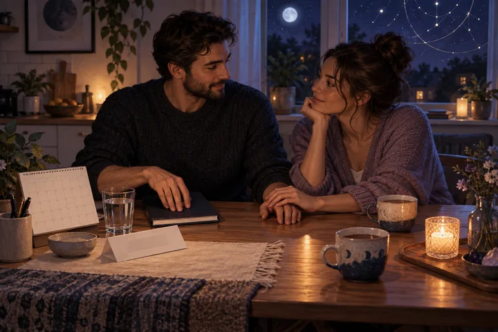 A couple reconnects at a warm kitchen table while a blank appointment calendar and notebook sit apart from tea, a candle, and their joined hands, illustrating room for both treatment logistics and affection.