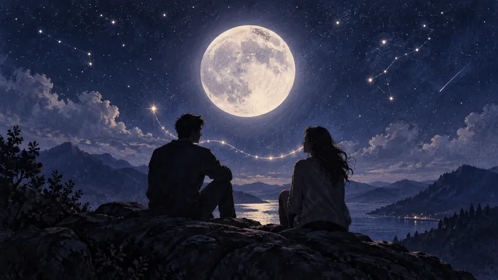 Two silhouetted people sit on a rocky overlook beside a moonlit lake, beneath a large full moon and a star-filled sky.