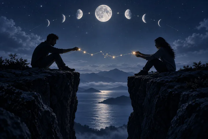 Two silhouetted people sit on opposite cliffs above a moonlit lake, reaching toward a strand of glowing lights beneath several moon phases.