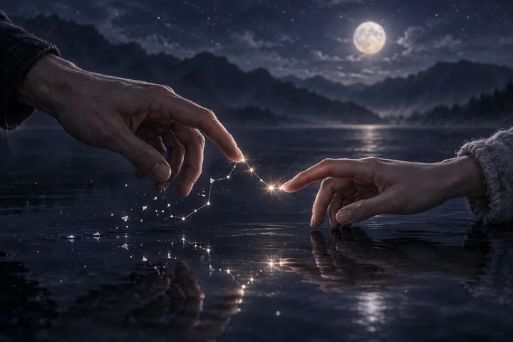 Two hands reach toward each other above dark water, with small glowing points between them and a full moon over distant mountains.