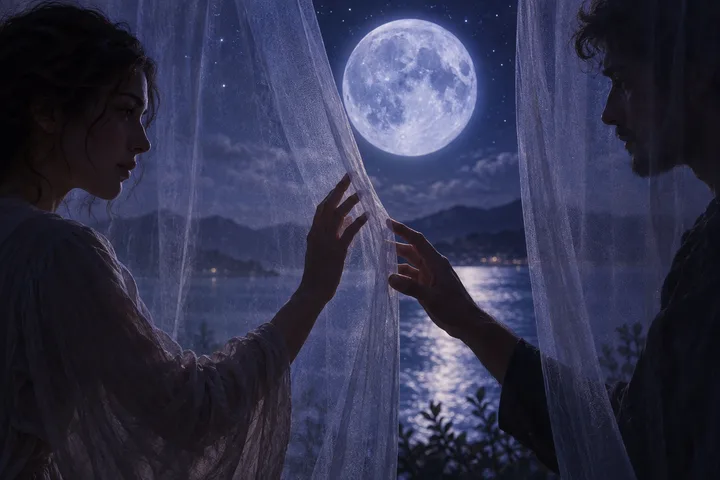 Two silhouetted people reach toward each other through sheer curtains, with a full moon, lake, and mountains visible behind them.