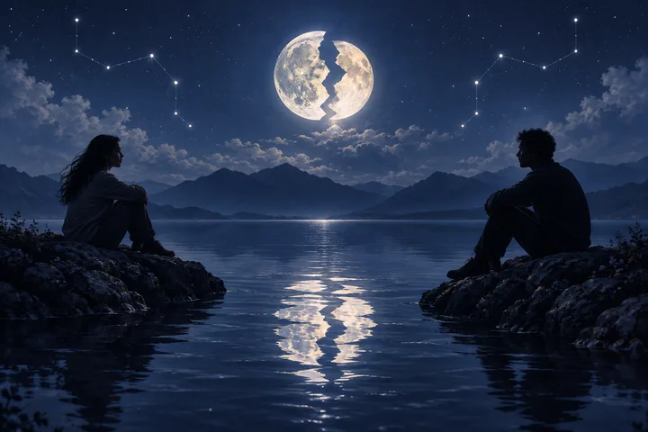 Two people sit on opposite sides of a moonlit lake beneath a cracked full moon, with mountains, clouds, stars, and constellation lines in the sky.