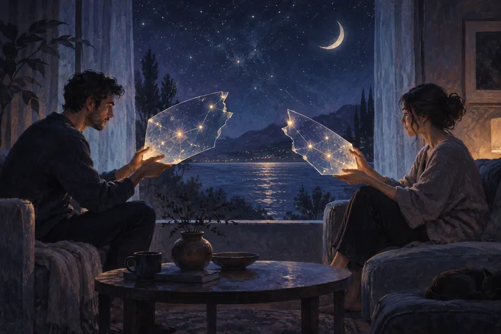 Two people sit across from each other indoors, each holding a glowing broken piece covered with star patterns; a moonlit lake and mountains are visible through the window.