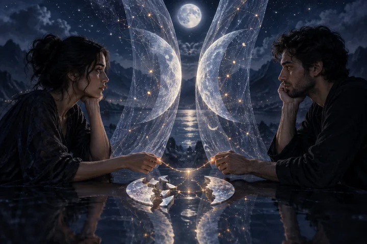 Two people face each other across a reflective table while holding translucent crescent-shaped panels with star patterns; a broken circular object lies on the table.