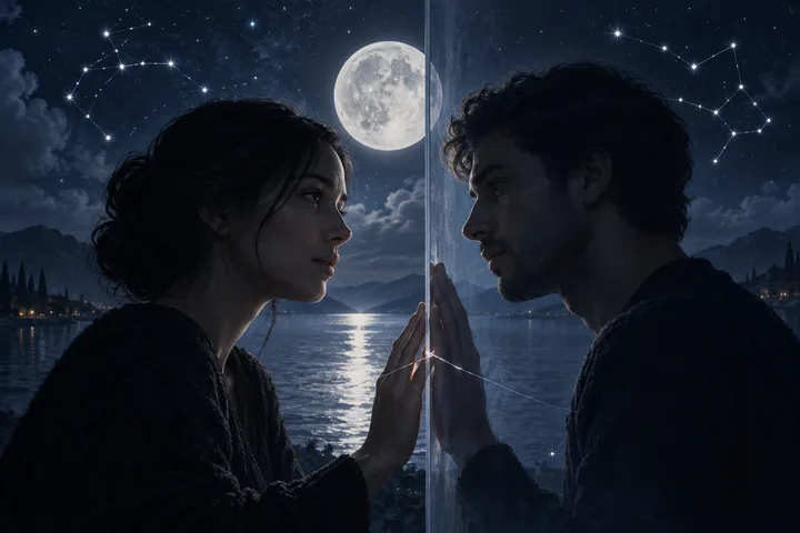 Two people face each other on opposite sides of a transparent vertical panel, with their palms touching it; a full moon, lake, mountains, and stars appear behind them.
