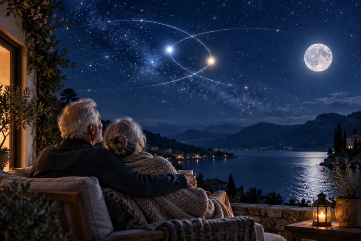 An older couple sits wrapped in a blanket on a terrace, looking over a moonlit mountain lake beneath two intersecting glowing orbital lines.