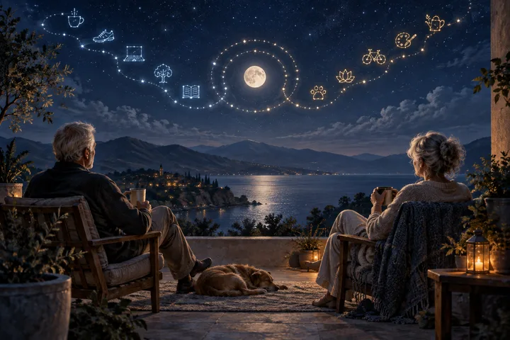 Two older people sit in separate chairs with coffee on a terrace; a sleeping dog lies between them beneath constellation paths and small hobby symbols.