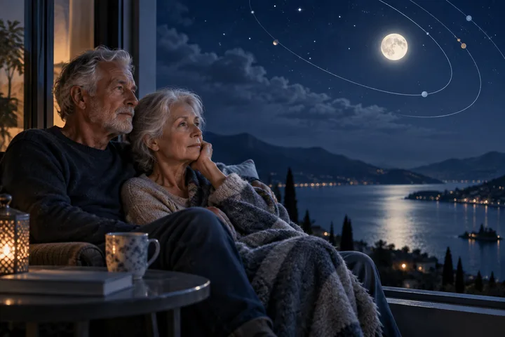 An older couple sits together in armchairs by a window, facing a moonlit lake while thin planetary orbit lines cross the sky.