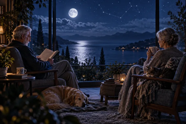 An older man reads in one chair while an older woman drinks tea in another; a dog and cat rest nearby beside the moonlit lake.
