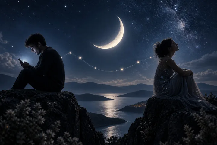 Two partners sit apart on opposite cliffs, each absorbed in a phone, beneath a crescent moon and a constellation reflected over a dark lake.