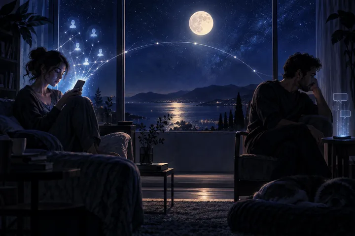 A couple sits on separate sides of a moonlit room, each turned toward a phone, while a constellation of connected profile lights arcs between them.