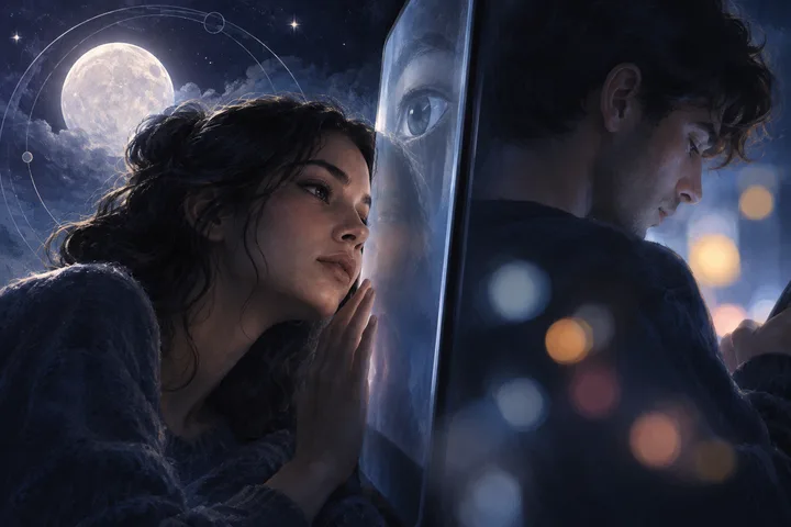 A woman watches a man's phone-lit reflection through a pane of glass as the full moon and faint planetary circles rise behind them.