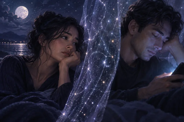 A woman rests her chin in her hand while a translucent star-filled veil separates her from a man looking down at his phone by the water.