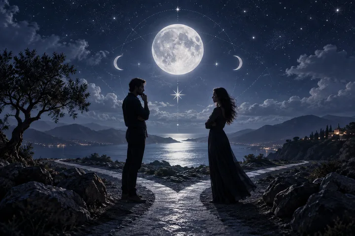 Two figures face an illustrative relationship chart beneath a moonlit indigo sky, with separate paths joining at a shared center.