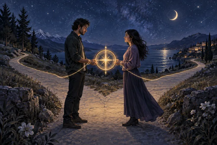 An illustrative synastry wheel shows two luminous planetary paths crossing, representing how one person's chart meets the other's.