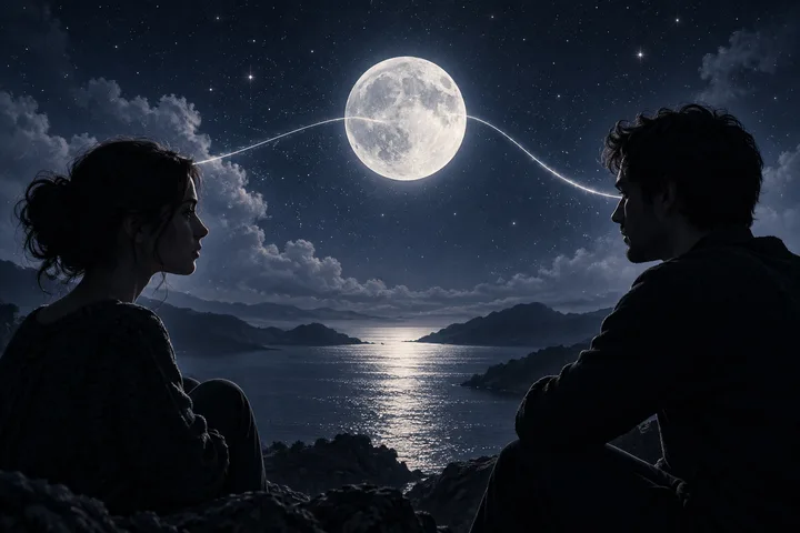 Two seated figures face an illustrative lunar diagram between them beneath a moonlit indigo sky, suggesting a shared relationship pattern under examination.