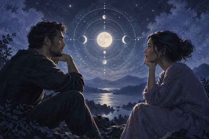 Two seated figures appear across an open indigo space with a small illustrative chart between them, capturing a pause before a shared-future conversation.