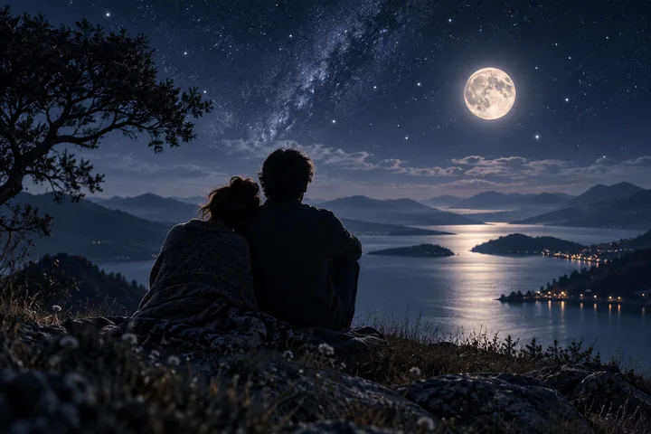 Two people sit close beneath a full moon, looking across a lake and mountain valley at night.