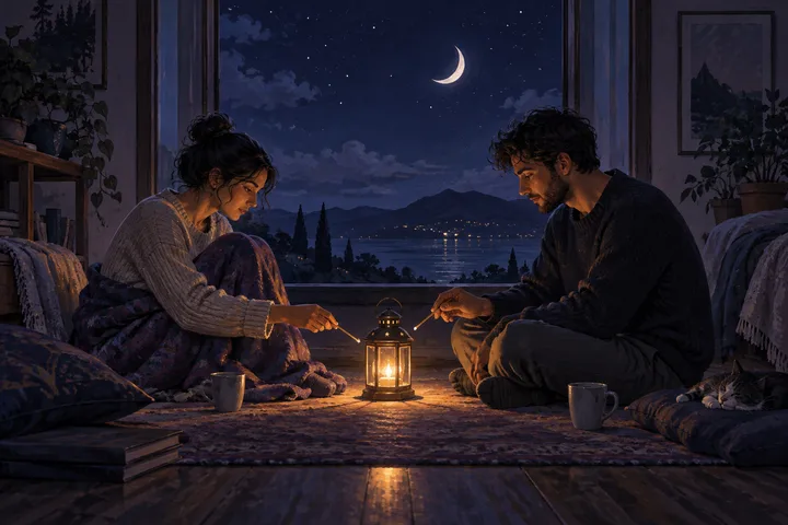A woman and a man sit across from each other beside a glowing lantern, with mugs and a moonlit lake behind them.