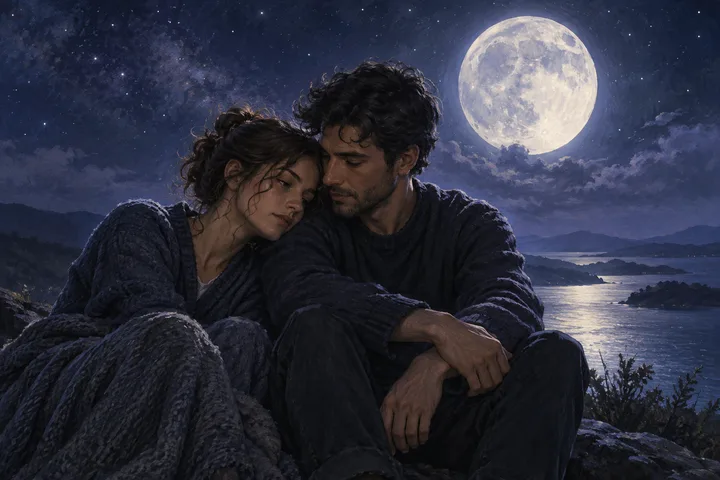 A couple rests together on a rocky overlook beneath a bright full moon, with a lake and mountains in the background.