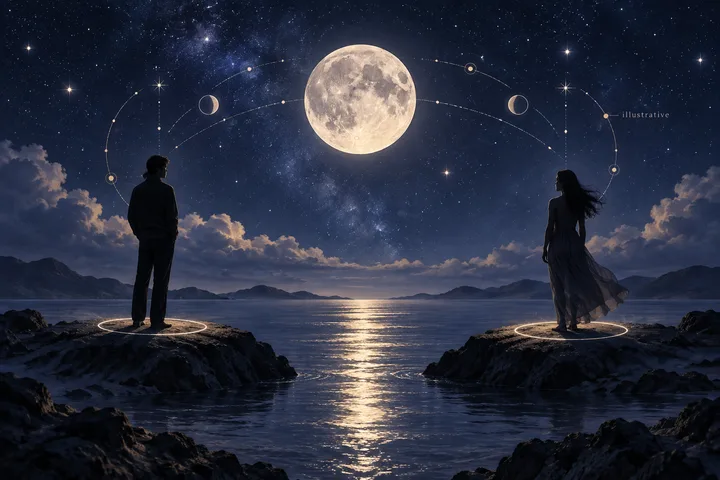 Two distinct figures beneath one indigo moon, with separate paths of starlight showing closeness without merger.