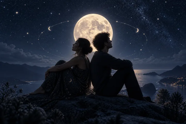 Two people sit back-to-back beneath a full moon, facing separate directions in a shared night sky.