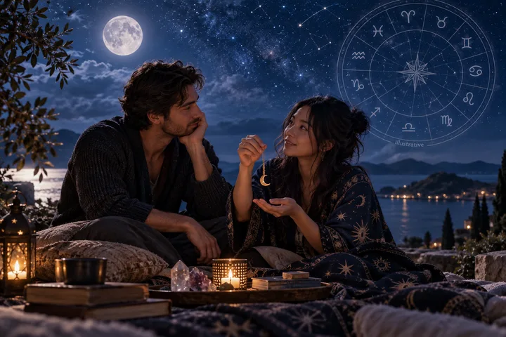 Two people sit together beside a lake under a starry sky; one holds a crescent pendant, with a zodiac circle visible behind them.