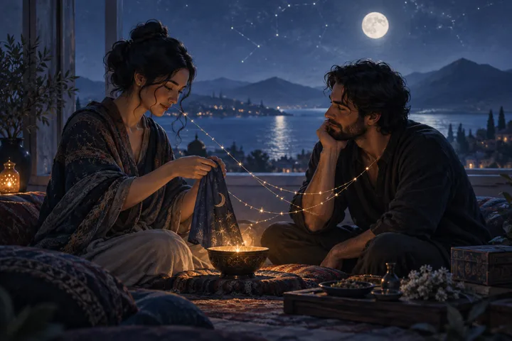 Two people sit facing each other beneath a moon, holding a strand of glowing lights over a lit bowl.