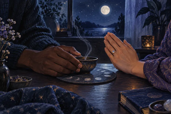 Close-up of two people's hands beside a steaming bowl and a circular moon-phase board, with a moonlit lake visible through a window.