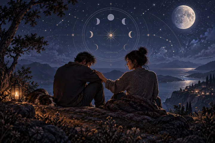 A couple sit close together on a rocky overlook beside a moonlit lake, beneath an illustrative circular lunar chart.