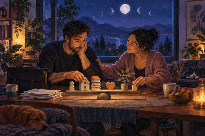 A worried man and a supportive woman sit at a table with scattered papers, books, small wooden figures, and a house beneath a moonlit window.