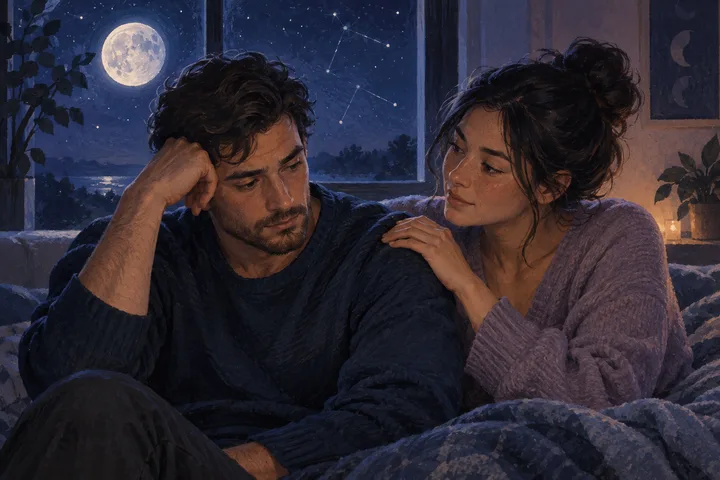 A worried man sits beside a woman who rests a hand on his shoulder, with moonlit water and an illustrative constellation behind them.