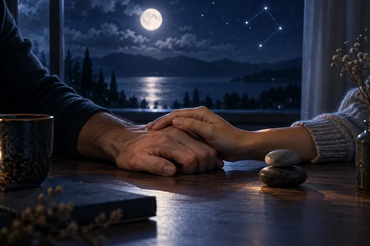 Two partners touch hands across a wooden table, with stacked stones, a moonlit lake, and an illustrative constellation visible through the window.