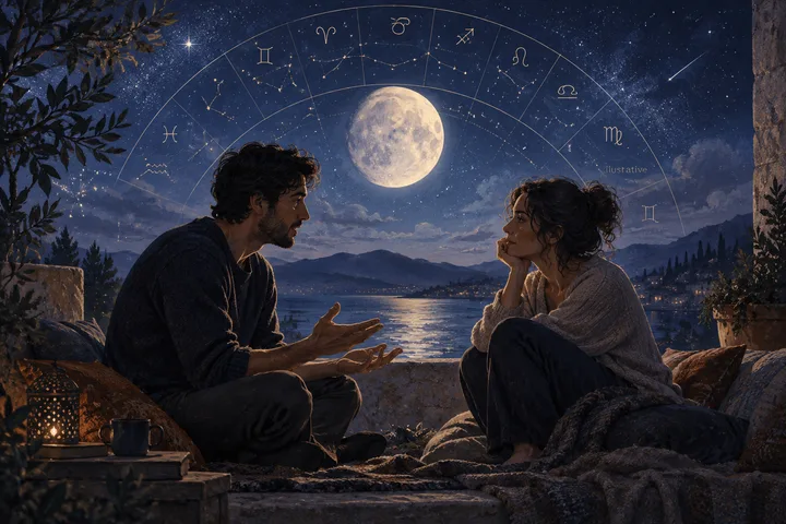 Two figures sit beneath a crescent moon, one listening while the other holds an open journal in a field of indigo stars.