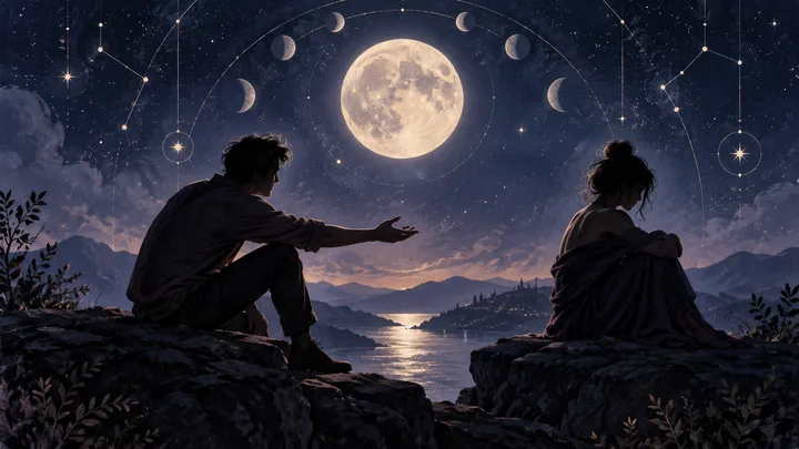 Two figures sit apart on rocky overlooks beneath a full moon, while one reaches across the water toward the other.