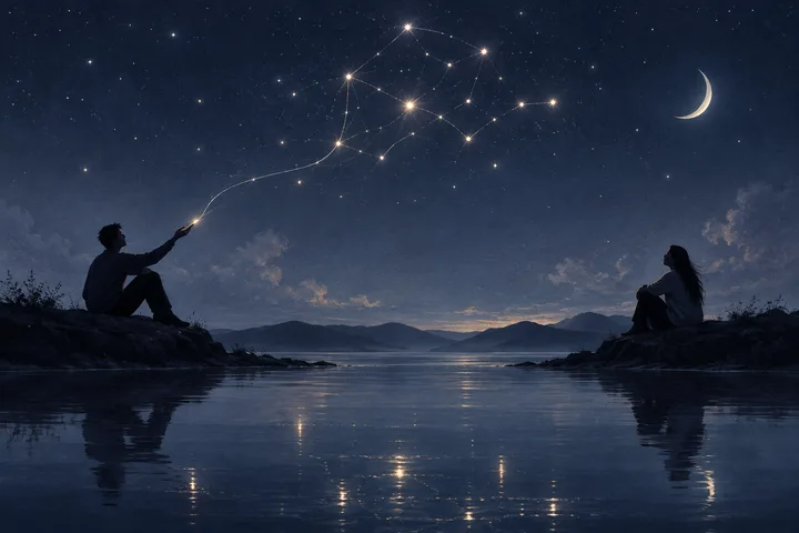 Two seated figures face each other across still water as a glowing constellation path arcs between them beneath a crescent moon.
