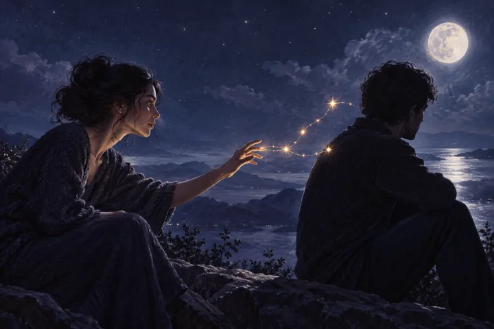 A woman reaches toward a seated figure as a glowing constellation path connects them under a moonlit sky.