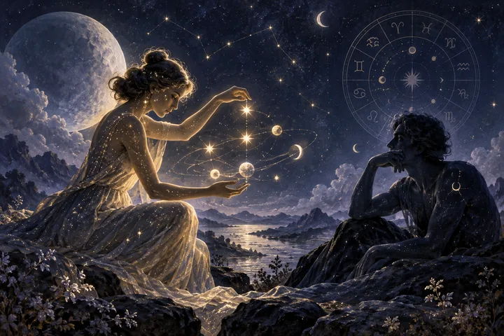 Two seated figures on rocky ground beside a moonlit lake, with one holding glowing planets and orbital lines beneath a starry sky with a zodiac circle.