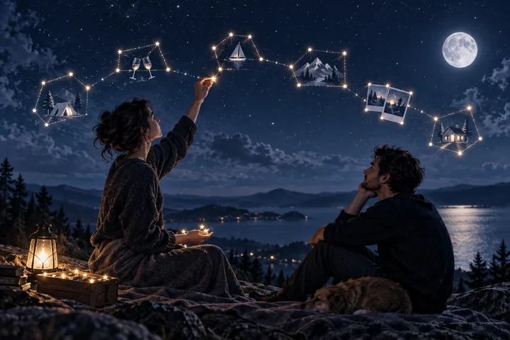 Two figures sit on a rocky overlook beside a lake at night as one points toward glowing connected scenes of a tent, drinks, a sailboat, mountains, and a house; a lantern and dog are nearby.