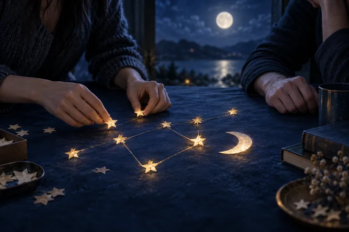 Two people arrange glowing star shapes connected by lines on a dark table, beside a crescent moon shape, books, and a cup, with a full moon over a lake in the background.