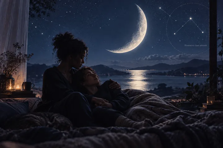 Two people sit together on a bed beside a window overlooking a moonlit lake. A crescent moon, stars, and a constellation-like circle appear in the night sky.