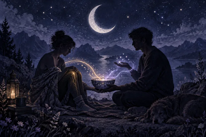Two people sit beside a mountain lake under a crescent moon. One holds a glowing bowl while light-like strands connect the bowl with the other person.