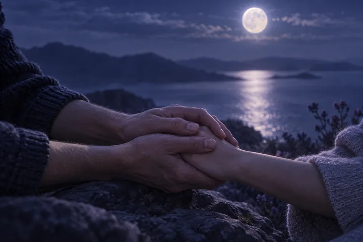 A close-up shows two hands resting on another person’s knee, with a full moon reflected on the lake in the background.