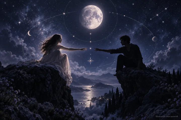 A woman and a man sit on opposite rocky cliffs above a moonlit lake, reaching toward each other beneath a star-filled sky with orbital lines and planets.