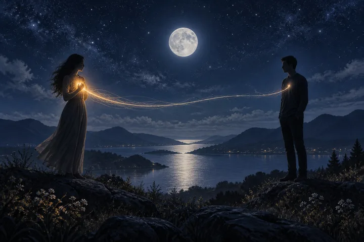 A woman and a man stand apart on rocky overlooks above a moonlit lake, connected by thin glowing golden lines beneath a starry sky.