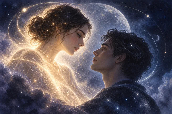 A glowing woman and a man gaze at each other closely against a large moon, dark clouds, stars, and curving luminous lines.