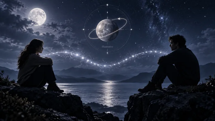 Two seated figures face each other across a rocky shoreline at night, with a moonlit lake, a full moon, stars, and a glowing orbital illustration labeled "Illustrative" overhead.