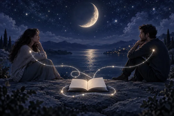 Two people sit beside an open book on a rocky lakeshore beneath a crescent moon, with glowing lines linking them and curling around the book.