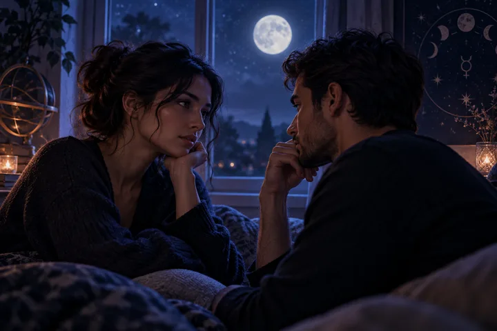 Two people sit facing each other indoors at night, with a full moon visible through the window and celestial symbols displayed on the wall.